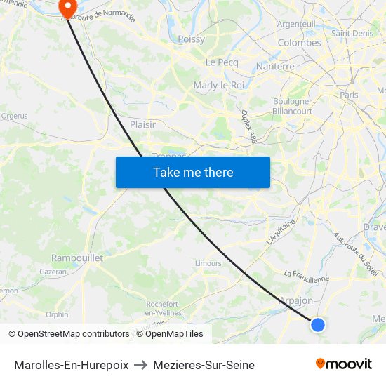 Marolles-En-Hurepoix to Mezieres-Sur-Seine map