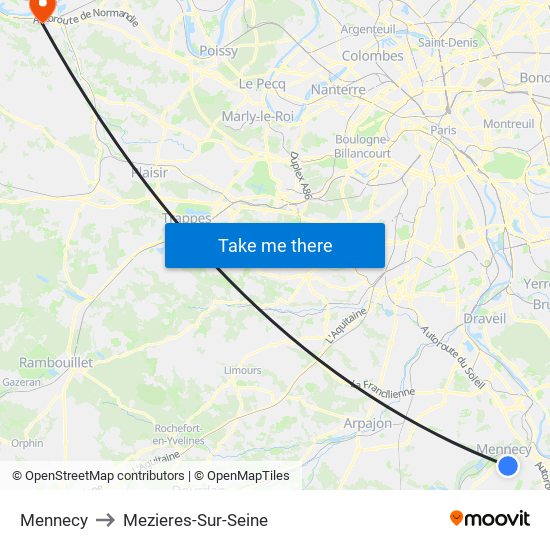 Mennecy to Mezieres-Sur-Seine map