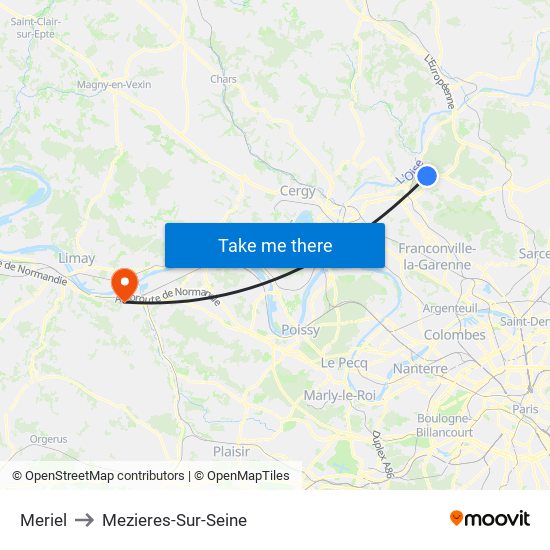 Meriel to Mezieres-Sur-Seine map