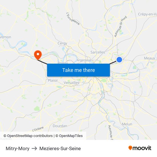 Mitry-Mory to Mezieres-Sur-Seine map