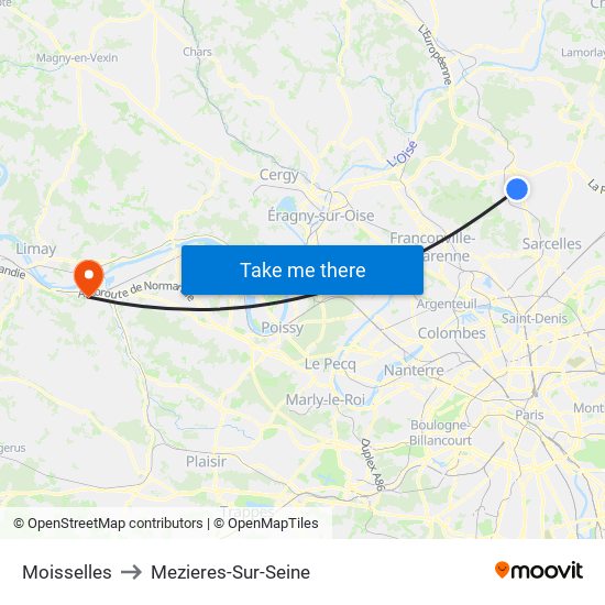 Moisselles to Mezieres-Sur-Seine map