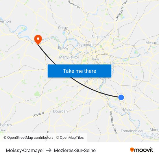 Moissy-Cramayel to Mezieres-Sur-Seine map