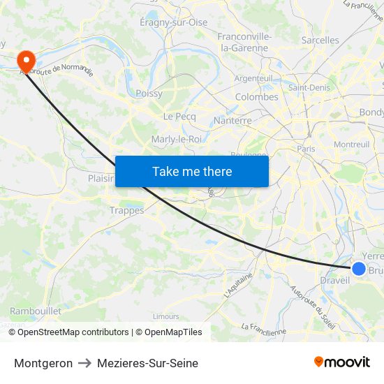 Montgeron to Mezieres-Sur-Seine map