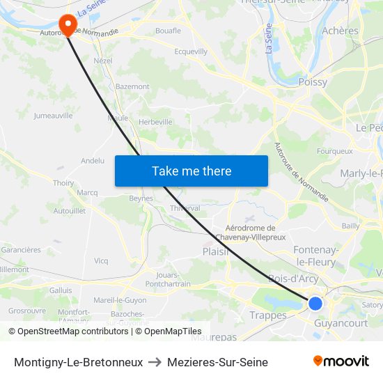 Montigny-Le-Bretonneux to Mezieres-Sur-Seine map