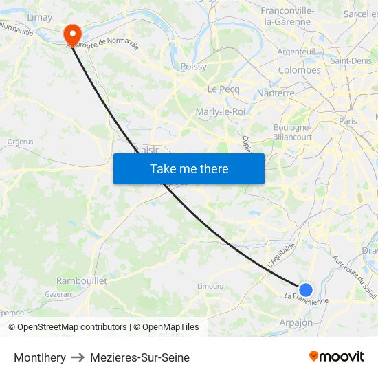 Montlhery to Mezieres-Sur-Seine map