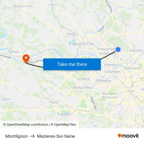 Montlignon to Mezieres-Sur-Seine map