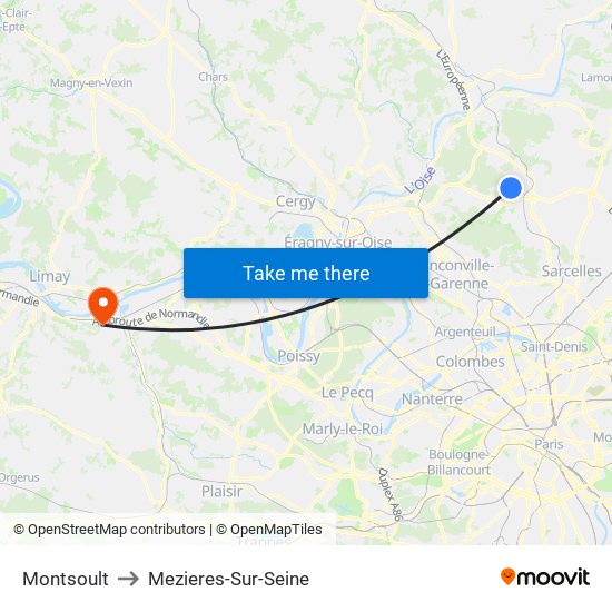 Montsoult to Mezieres-Sur-Seine map