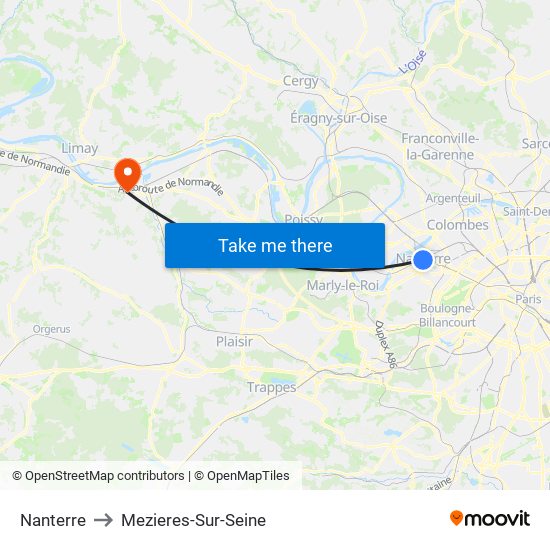 Nanterre to Mezieres-Sur-Seine map