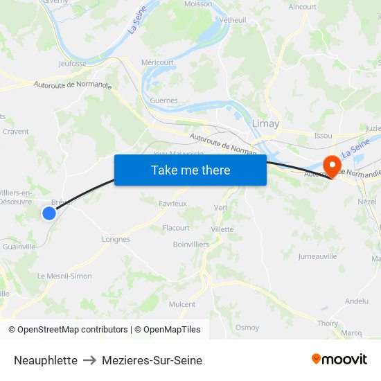 Neauphlette to Mezieres-Sur-Seine map