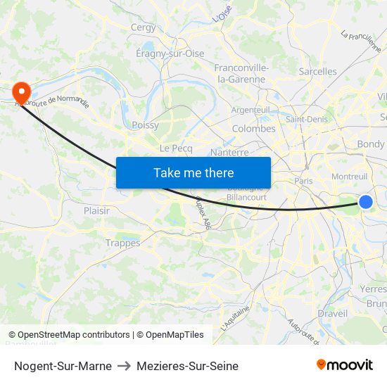 Nogent-Sur-Marne to Mezieres-Sur-Seine map