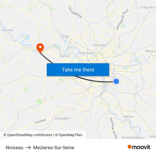 Noiseau to Mezieres-Sur-Seine map