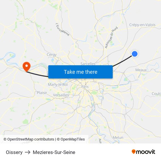 Oissery to Mezieres-Sur-Seine map