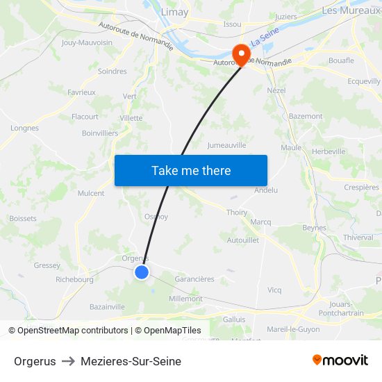 Orgerus to Mezieres-Sur-Seine map