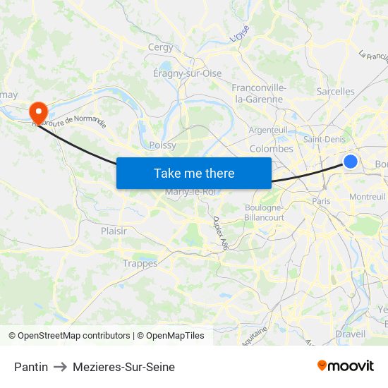 Pantin to Mezieres-Sur-Seine map