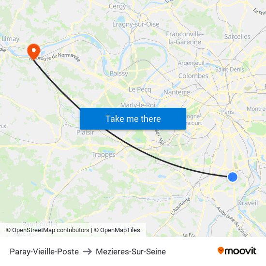 Paray-Vieille-Poste to Mezieres-Sur-Seine map