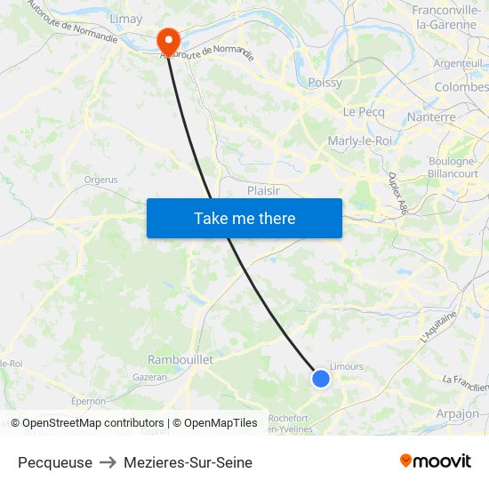 Pecqueuse to Mezieres-Sur-Seine map