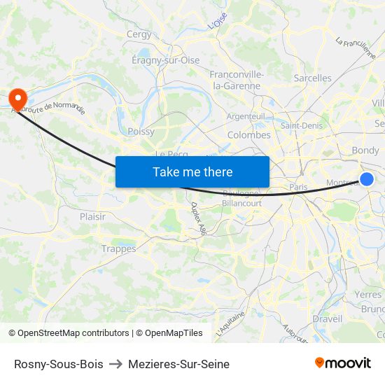 Rosny-Sous-Bois to Mezieres-Sur-Seine map