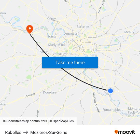 Rubelles to Mezieres-Sur-Seine map