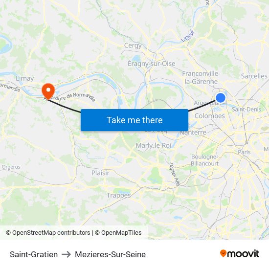 Saint-Gratien to Mezieres-Sur-Seine map