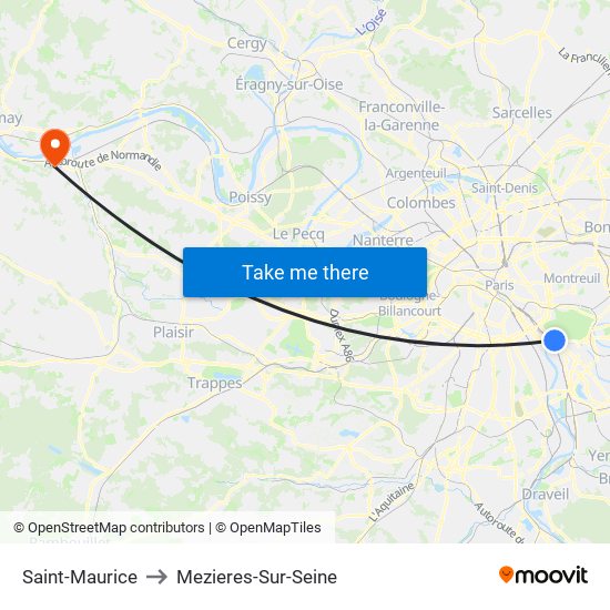 Saint-Maurice to Mezieres-Sur-Seine map