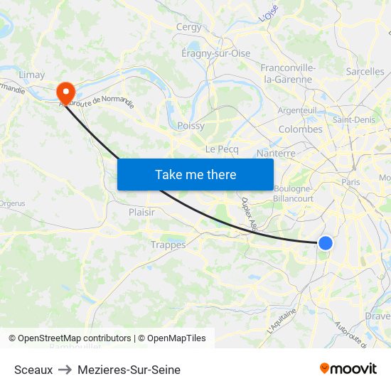 Sceaux to Mezieres-Sur-Seine map