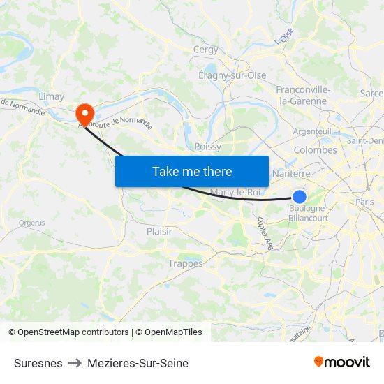Suresnes to Mezieres-Sur-Seine map