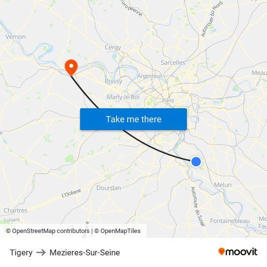 Tigery to Mezieres-Sur-Seine map