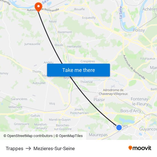 Trappes to Mezieres-Sur-Seine map