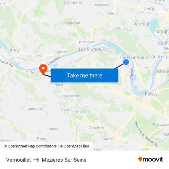 Vernouillet to Mezieres-Sur-Seine map