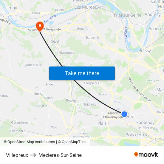 Villepreux to Mezieres-Sur-Seine map