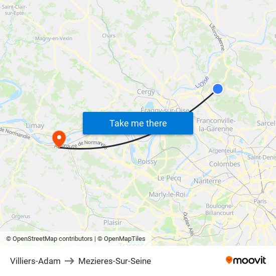 Villiers-Adam to Mezieres-Sur-Seine map