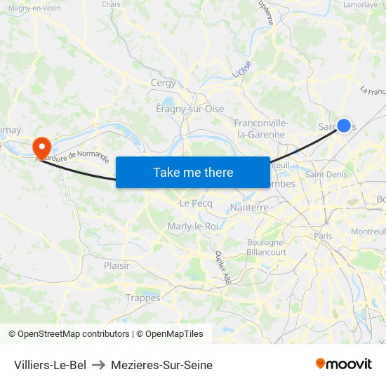 Villiers-Le-Bel to Mezieres-Sur-Seine map
