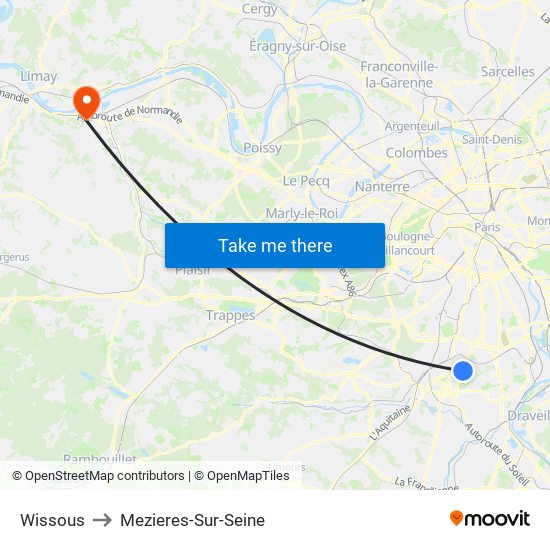 Wissous to Mezieres-Sur-Seine map