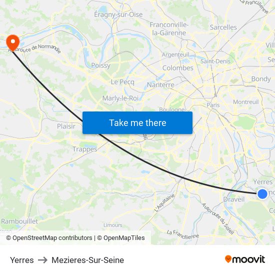 Yerres to Mezieres-Sur-Seine map