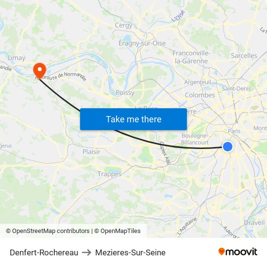 Denfert-Rochereau to Mezieres-Sur-Seine map