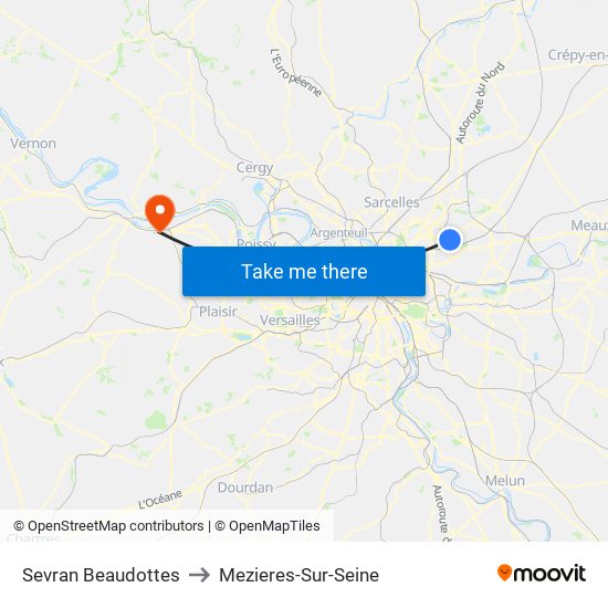 Sevran Beaudottes to Mezieres-Sur-Seine map