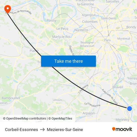 Corbeil-Essonnes to Mezieres-Sur-Seine map