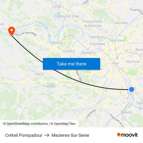 Créteil Pompadour to Mezieres-Sur-Seine map