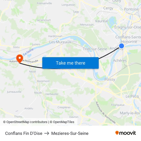 Conflans Fin D'Oise to Mezieres-Sur-Seine map