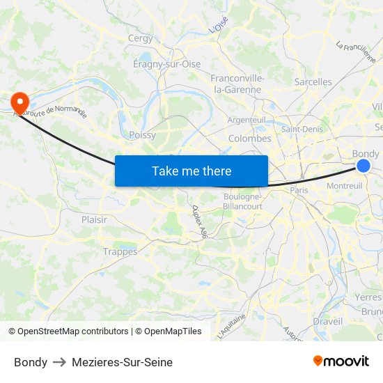 Bondy to Mezieres-Sur-Seine map