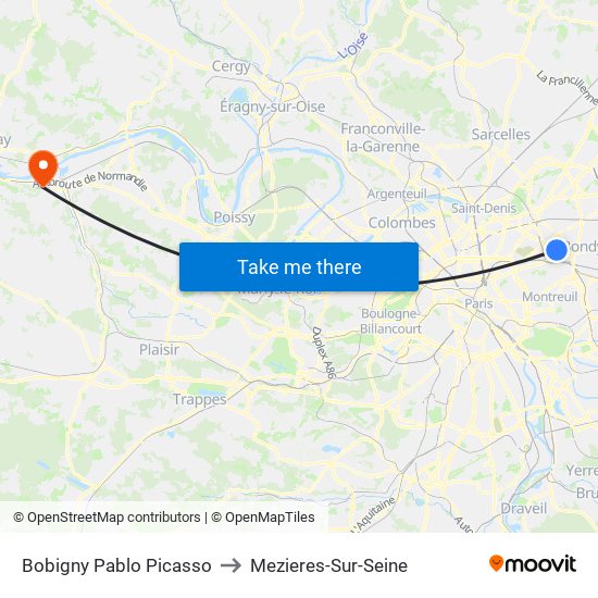 Bobigny Pablo Picasso to Mezieres-Sur-Seine map