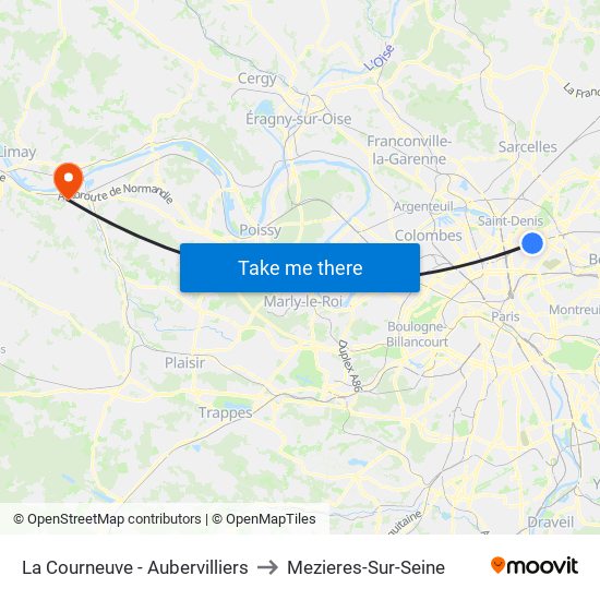 La Courneuve - Aubervilliers to Mezieres-Sur-Seine map
