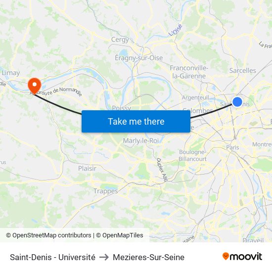 Saint-Denis - Université to Mezieres-Sur-Seine map