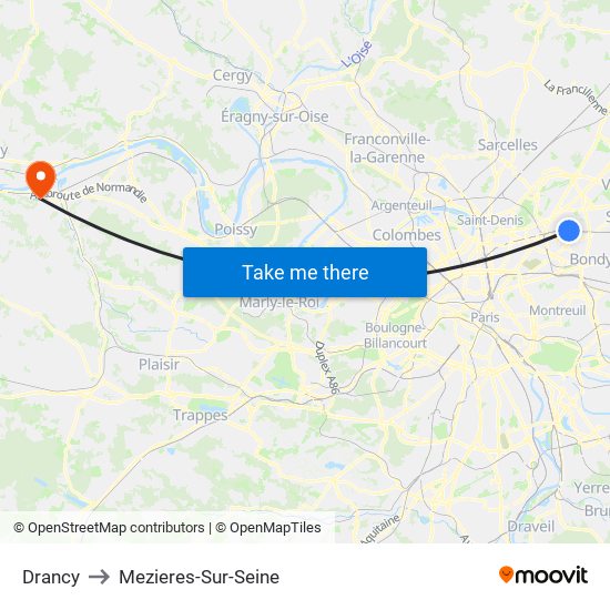 Drancy to Mezieres-Sur-Seine map