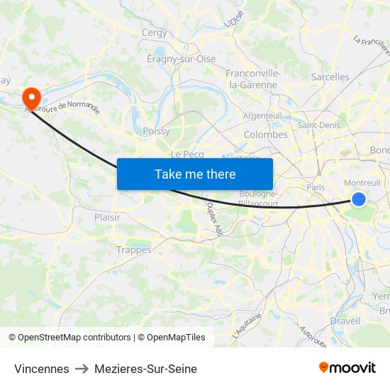 Vincennes to Mezieres-Sur-Seine map