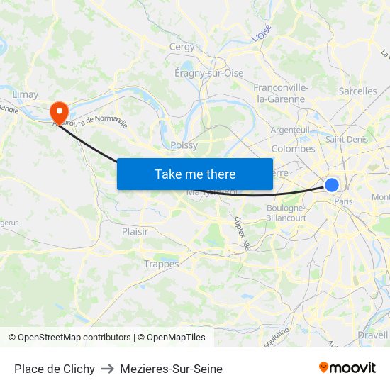 Place de Clichy to Mezieres-Sur-Seine map