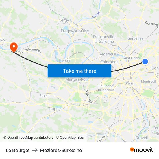 Le Bourget to Mezieres-Sur-Seine map