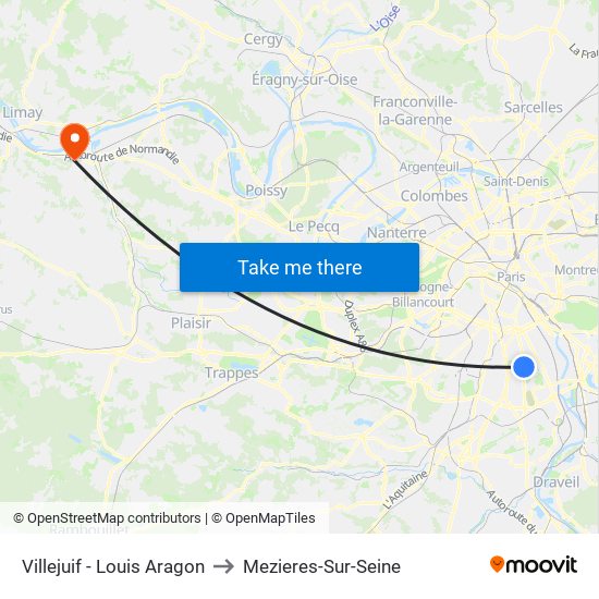 Villejuif - Louis Aragon to Mezieres-Sur-Seine map