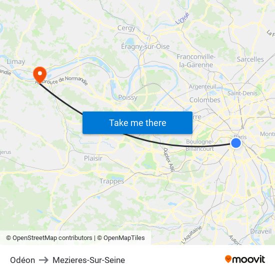 Odéon to Mezieres-Sur-Seine map