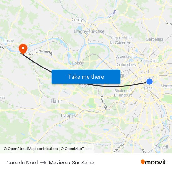 Gare du Nord to Mezieres-Sur-Seine map